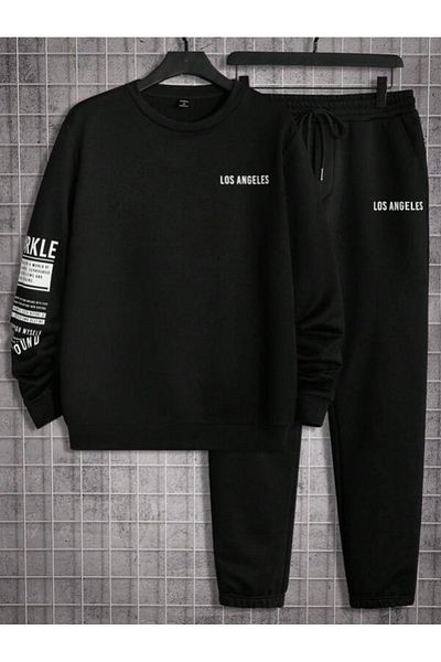 modaberry Σετ φόρμας Los Angeles Sparkle Combination Bottom Top - Μαύρη στάμπα Oversize Λαστιχένια λαιμόκοψη
