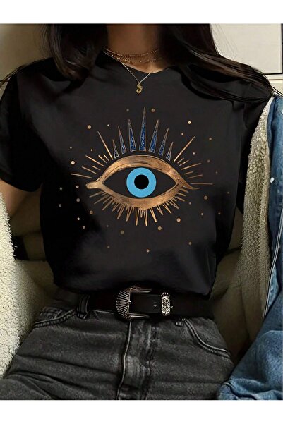modaberry تي شيرت Big Eye - أسود مطبوع بأكمام قصيرة ورقبة دائرية