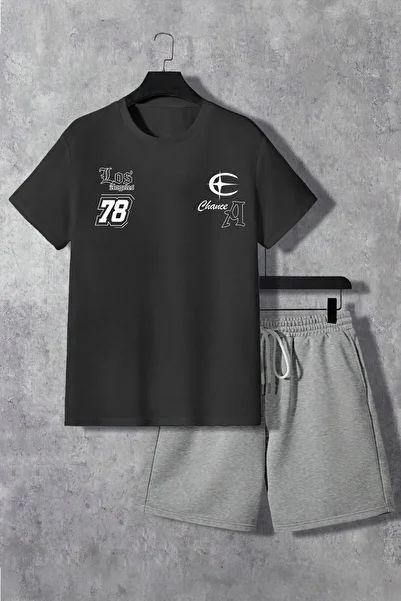 modaberry Los Angeles A 78 T-Shirt Shorts - Black Gray Shorts T-Shirt Top Bottom Set Printed Crew Neck