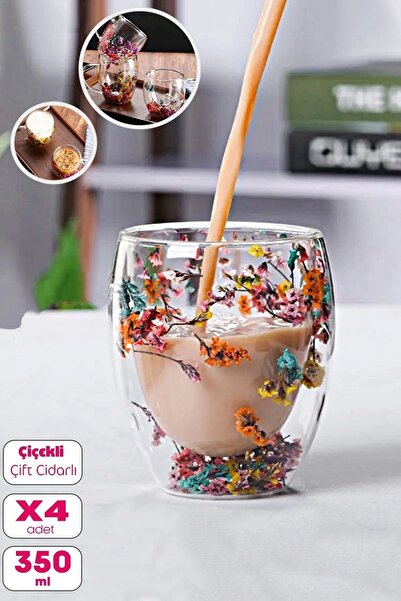 Madamev 4lü Çift Cidarlı Flower Cup 350 ml Çiçekli Bardak Kahve Sunum Çay Bar...