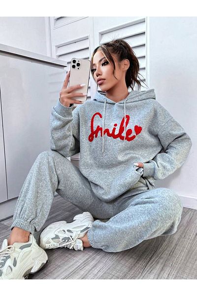modaberry Smile Combination Bottom Top Σετ Φούτερ - Γκρι εμπριμέ Oversize Λαστιχένια κουκούλα στα πόδια