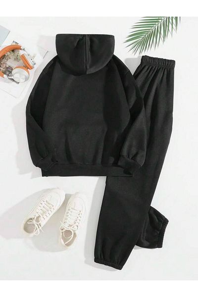 modaberry Σετ αθλητικής φόρμας Paris Summer Combination Bottom Top - Μαύρη στάμπα Oversize Λαστιχένια κουκούλα στα πόδια