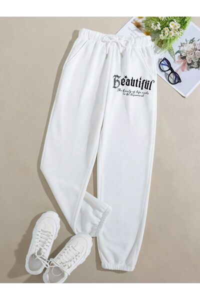 Trendglow Γοητευτικό αθλητικό παντελόνι Jogger - Λευκό εμπριμέ ελαστικό παντελόνι χειμερινό ψηλόμεσο