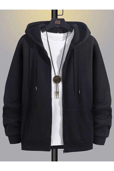 modaberry Ζακέτα Monalisa Design Μαύρη Oversize με κουκούλα - Χειμερινό φούτερ με φερμουάρ και τσέπες