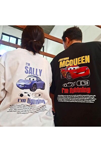 SeusCraft 2'li I'M SALLY & MCQUEEN Arabalar Tişört - Beyaz Siyah Baskılı Oversize T-Shirt Bisiklet Yaka