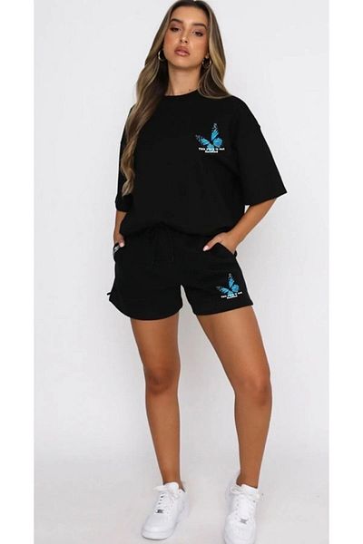 modaberry Story Butterfly T-shirt και σορτς - Μαύρο σορτς T-shirt στο κάτω μέρος Σετ φόρμας Oversize Crew Neck