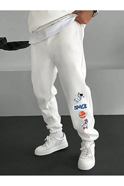 Trendglow Space Rocket Sweatpants Jogger - Λευκό εμπριμέ ελαστικό πόδι ψηλόμεσο χειμερινό