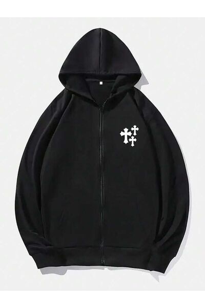 modaberry سترة صوفية سوداء كبيرة الحجم بغطاء للرأس - شعار متقاطع مطبوع، سحاب ...