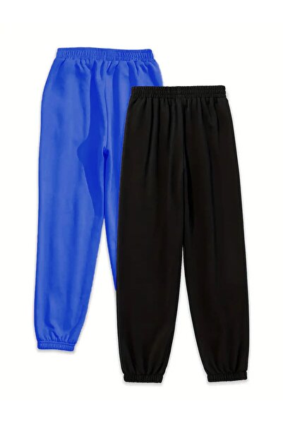 Trendglow 2 Πακέτα Φούτερ Self Love Jogger - Σαξομπλε με μαύρο στάμπα με λαστιχένιο πόδι ψηλόμεσο καλοκαιρινό