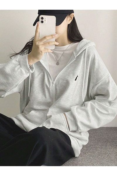 modaberry Rabbit Logo Minimal Sweatshirt Zippered Cardigan - Gray Printed Oversize Pocket Winter Hoodie