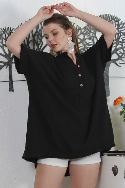 Chiccy Italian Black Short Sleeve Buttoned Washed Sleeve and Skirt Tip Tasseled Woven Casual Tunic