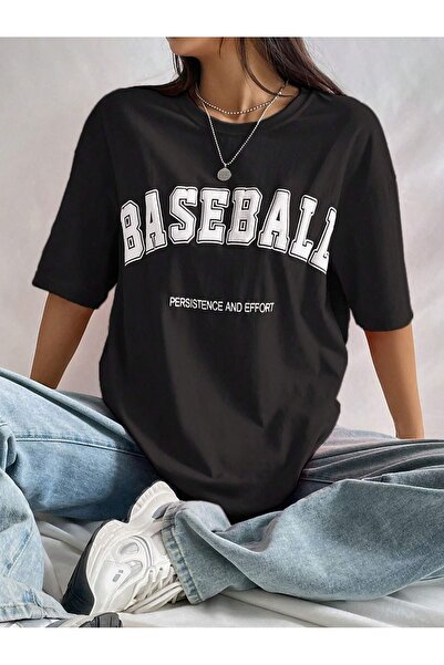 SeusCraft Baseball Persistence T-Shirt - Crna Štampano Oversize kroj Letnja k...