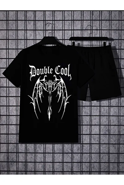modaberry Double Cool Wing T-Shirt Shorts - Black Shorts T-Shirt Top and Bottom Set Printed Crew Neck