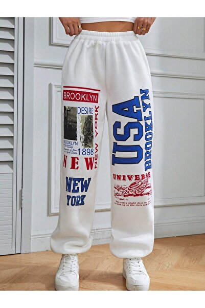 Trendglow Brooklyn Desire 1898 Sweatpants Jogger - Λευκό εμπριμέ λαστιχένιο πόδι ψηλόμεσο καλοκαίρι