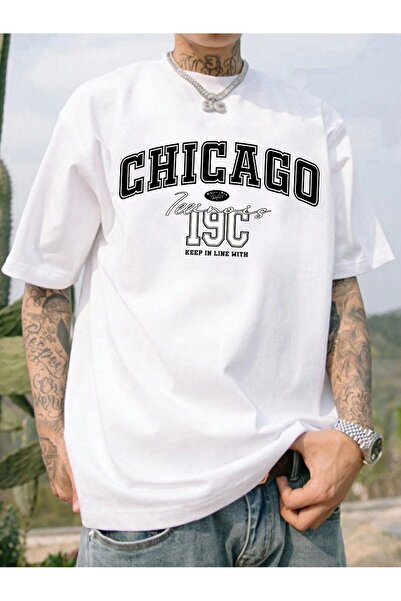 SeusCraft Tricou Chicago 19C - Tricou supradimensionat cu imprimeu alb, de va...