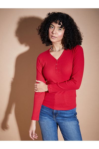 Sassafras By Styli Ribbed V Neck Button Detail Regular Fit Top