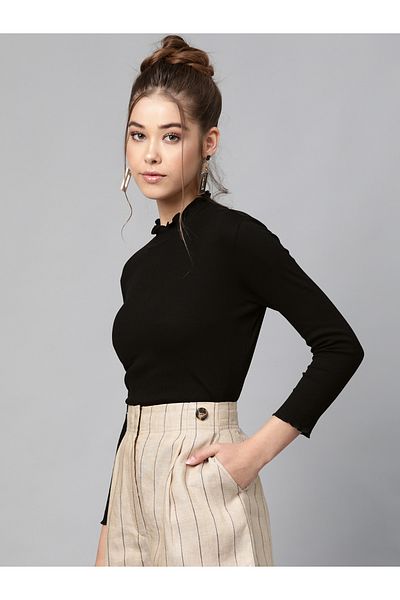 Sassafras By Styli Ribbed High Neck Top with Long Sleeves