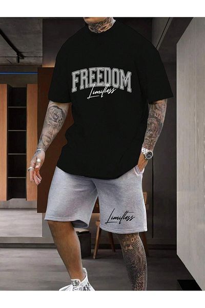 modaberry Μπλουζάκι Freedom και σορτς - Γκρι μαύρο σορτς T-shirt στο κάτω μέρος Σετ φόρμας Oversize Crew Neck