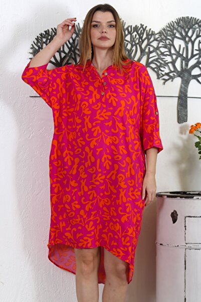 Chiccy Rochie ocazională țesută cu imprimeu, cu mâneci 3/4, cu buzunar ascuns, guler de cămașă portocaliu-piersică