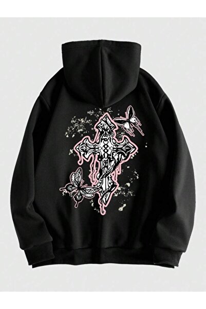 modaberry سترة صوفية بغطاء للرأس كبيرة الحجم بطبعة فراشة سوداء - بسحاب وجيوب