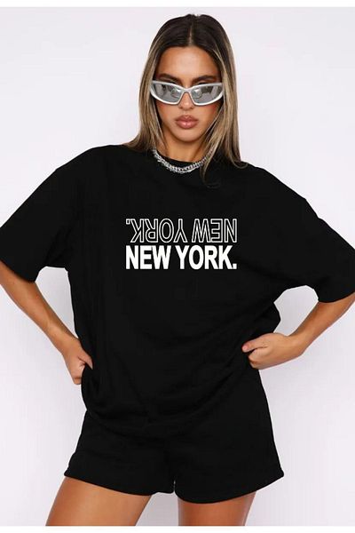 modaberry New York Reverse Plain T-shirt και σορτς - Μαύρο σορτς T-shirt στο κάτω μέρος Σετ φόρμας Oversize Crew Neck