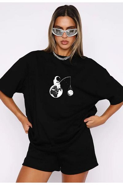 modaberry Μπλουζάκι και σορτς Astronaut World - Μαύρο σορτς T-shirt στο κάτω μέρος Σετ φόρμας Oversize Crew Neck