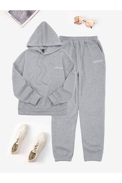 modaberry Σετ αθλητικής φόρμας California Letter Combination Bottom Top - Γκρι εμπριμέ κουκούλα από καουτσούκ