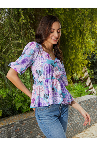 Sassafras By Styli Floral Print Back Criss Cross Tie Peplum Top