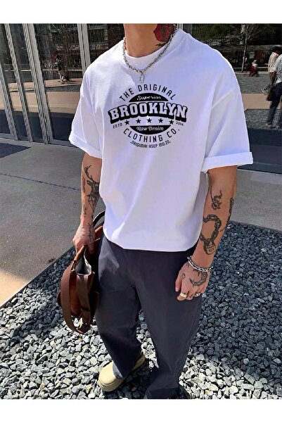 SeusCraft Tricou de vară Brooklyn Clothing, supradimensionat, alb, cu imprime...