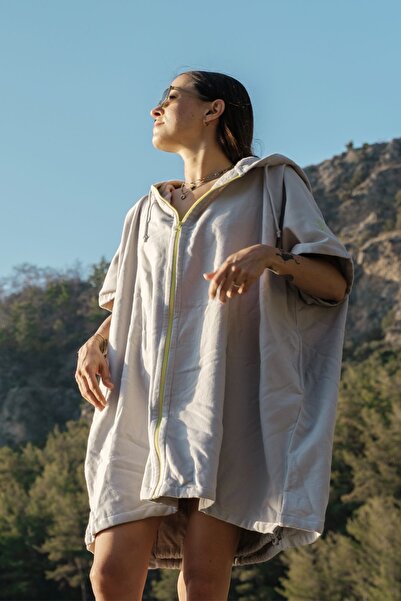 Seamate Unisex Neon Sarı Fermuarlı Çantalı Ince Havlu Panço Surf Panço, Giyilebilir Havlu, Taşınabilir Kabin