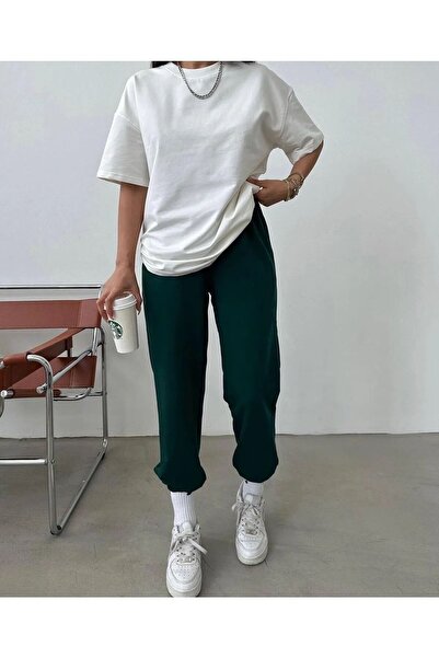 Trendglow Βασικό Στερεό T-shirt Σαλοπέτα Jogger - Λευκό Νεφτί Πράσινο Σετ Σαλοπέτα Oversize Κοντό Λαιμό