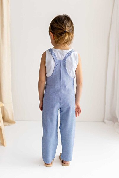 Oliven The Kid 100% Bumbac Gabardin Licra Albastru Alb Dungi Pisica Brodat Salopet Fata Copii