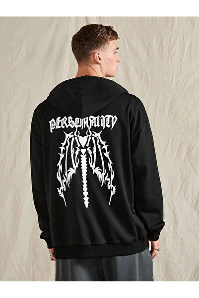 modaberry Black Printed Oversize Hooded Cardigan - Winter Sweatshirt with Poc...