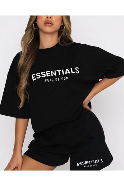 modaberry Essentials T-shirt και σορτς - Μαύρο σορτς T-shirt στο κάτω μέρος Σετ φόρμας Oversize Crew Neck