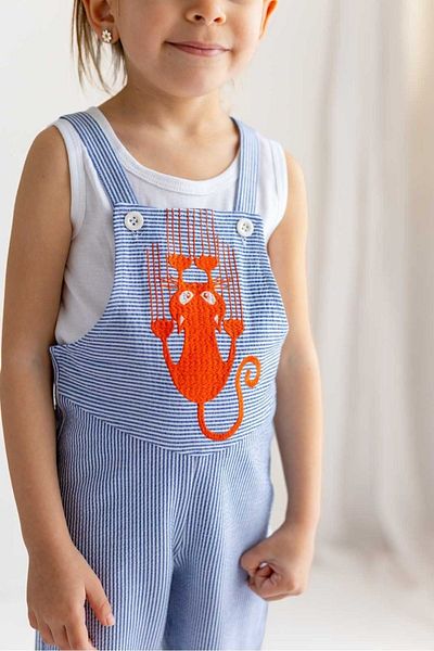 Oliven The Kid 100% Bumbac Gabardin Licra Albastru Alb Dungi Pisica Brodat Salopet Fata Copii