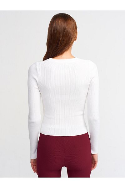 Dilvin 10285 Crew Neck Front Low-cut Sweater-ecru