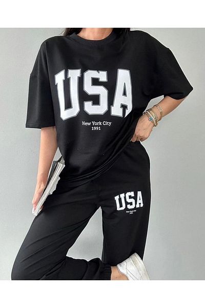Modernica Μαύρο Σετ αθλητικής φόρμας Jogger - Μπλουζάκι και φούτερ Usa, Oversize Crew Neck