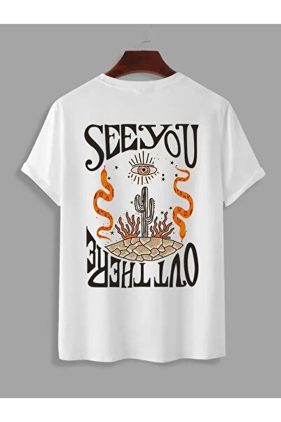 modaberry See You Cactus T-Shirt - White Printed Oversize Short Sleeve Crew Neck