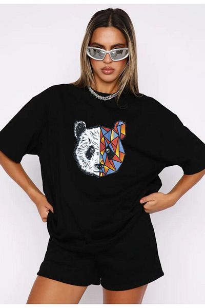 modaberry Panda T-shirt και σορτς - Μαύρο σορτς T-shirt στο κάτω μέρος Σετ φόρμας Oversize Crew Neck