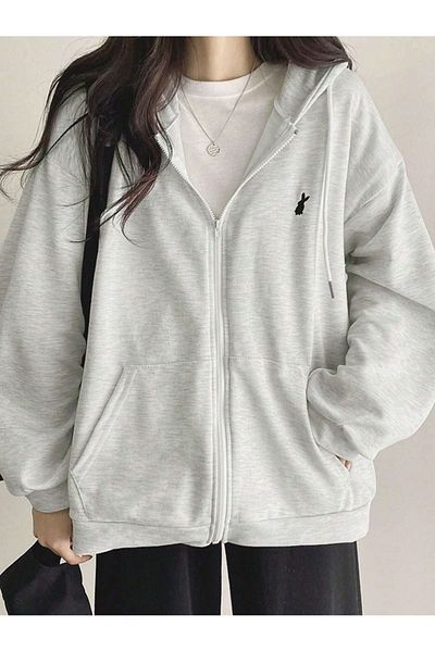 modaberry Rabbit Logo Minimal Sweatshirt Zippered Cardigan - Gray Printed Oversize Pocket Winter Hoodie