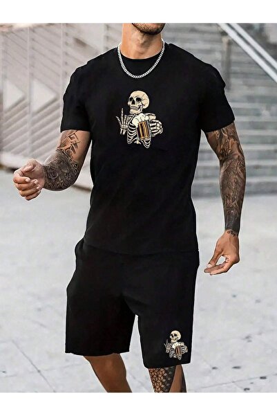 SeusCraft Ευχάριστο μπλουζάκι Skeleton T-Shirt - Μαύρο σορτς και μπλουζάκι με...