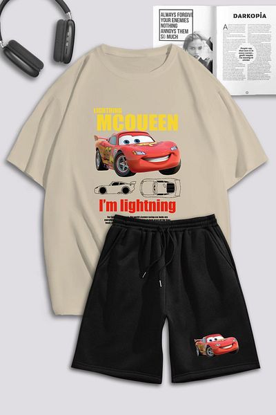 modaberry Σετ αθλητικής φόρμας Mcqueen Oversize - Μπλουζάκι και σορτς σε μπεζ μαύρο λαιμόκοψη