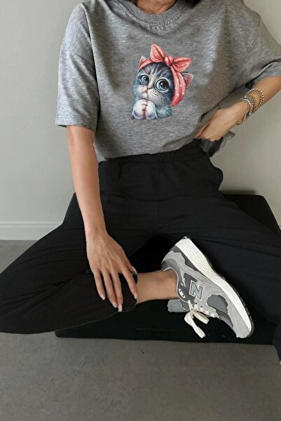 Trendglow Cat T-shirt Sweatpants Jogger - Γκρι Μαύρο Σετ Φούτερ με στάμπα Oversize Crew Neck