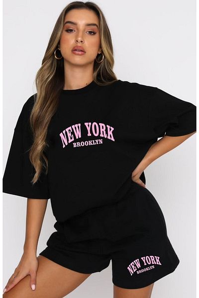 modaberry Μπλουζάκι και σορτς New York Brooklyn - Μαύρο σορτς T-shirt στο κάτω μέρος Σετ φόρμας Oversize Crew Neck