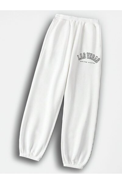 Trendglow Las Vegas Sweatpants Jogger - Λευκό με τύπωμα Λαστιχένιο χειμερινό ψηλόμεσο