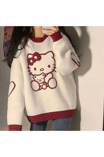 Köstebek Roșu Alb Hello Kitty Sweet Knitwear Pulover oversize
