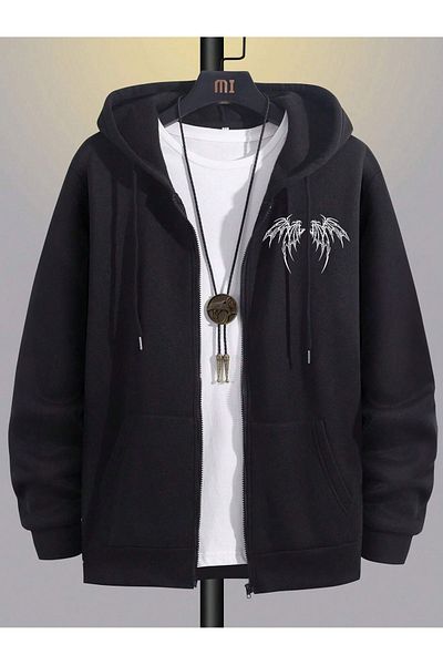 modaberry Ζακέτα με φερμουάρ Bone Wings - Μαύρη στάμπα Oversize Χειμερινή κουκούλα με τσέπες