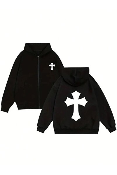 modaberry سترة صوفية بغطاء رأس سوداء كبيرة الحجم بنمط رمزي - بسحابات وجيوب