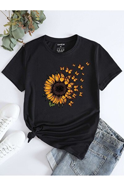 SeusCraft Μπλουζάκι Floral Heart Butterfly - Μαύρο με στάμπα, Oversize Καλοκα...