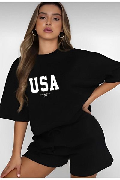 modaberry Usa 1991 T-shirt και σορτς - Μαύρο σορτς T-shirt στο κάτω μέρος Σετ φόρμας Oversize Crew Neck